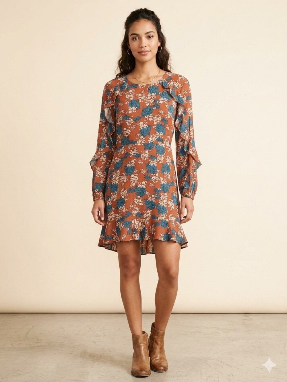 Le Lis Rust Floral Scoop Neck Dress